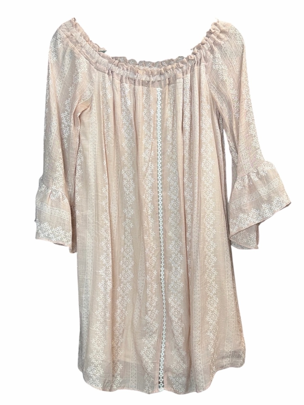 English Factory Blush Pink Bell Sleeve Off The Shoulder Gauze Tunic Dress S